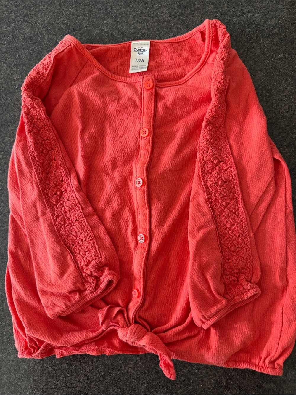 OshKosh B'gosh Coral Button-Front Tie Hem Top with Lace Sleeves